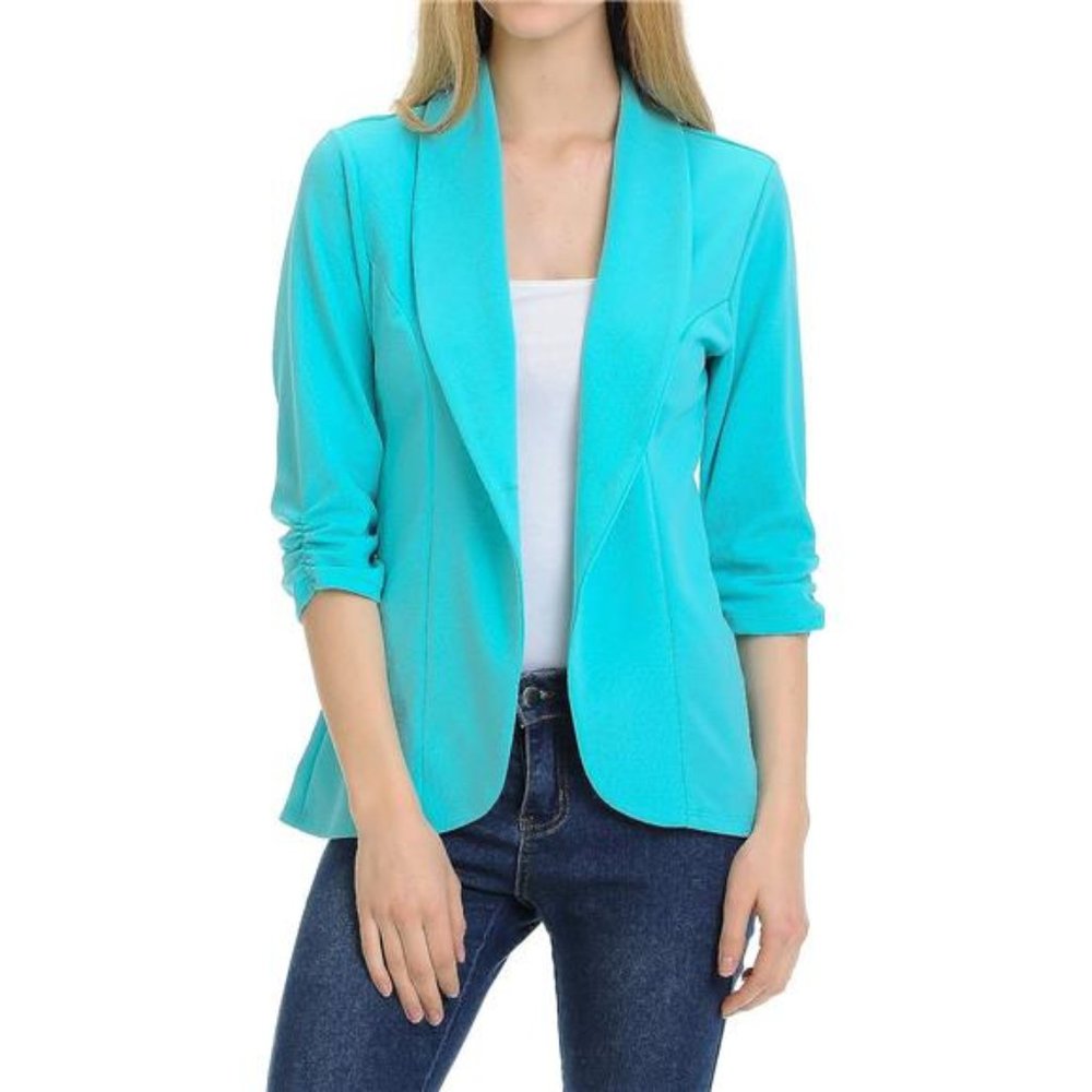 Women's 3/4 Ruched Sleeve Lightweight Work Office Blazer Jacket Sizes Available